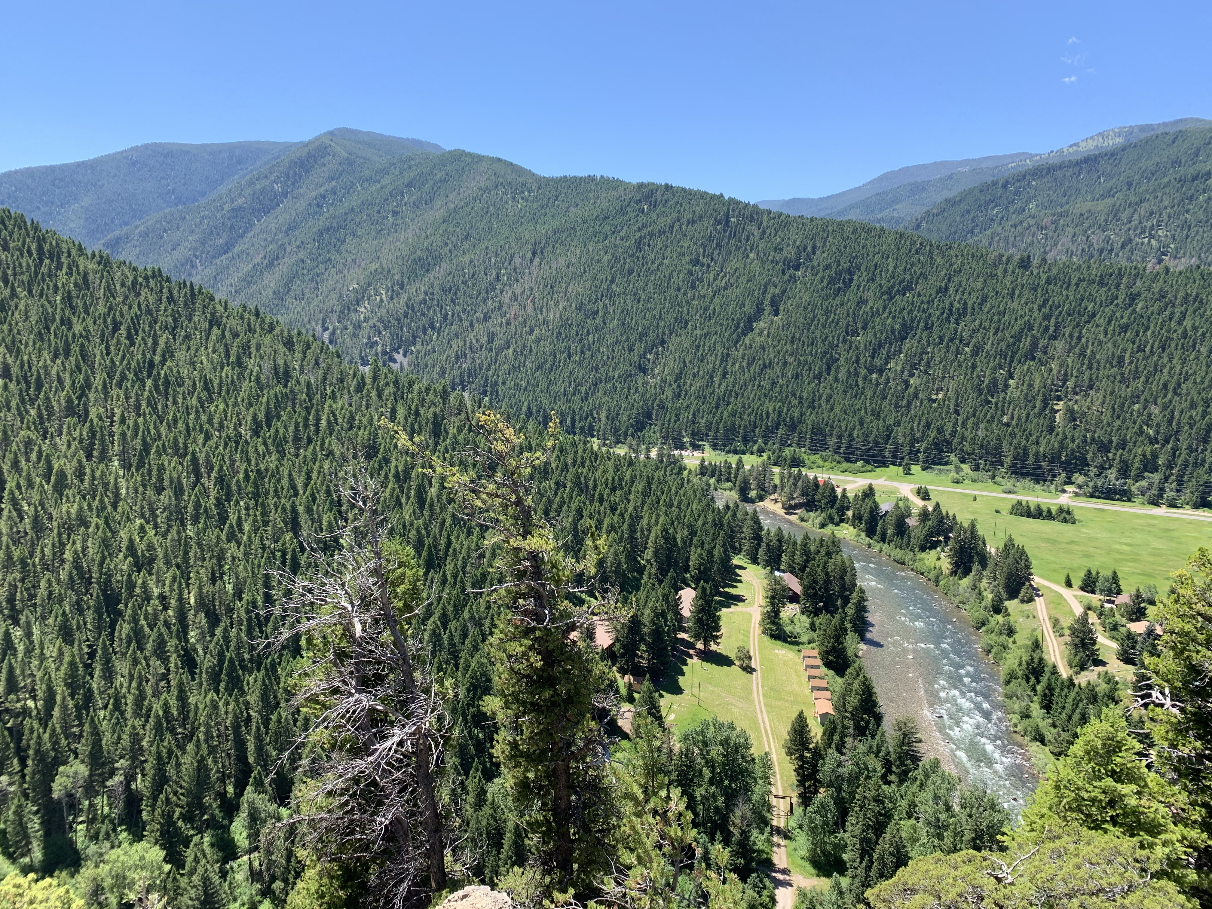 Aerial view of a river winding through the forested Gallatin Valley